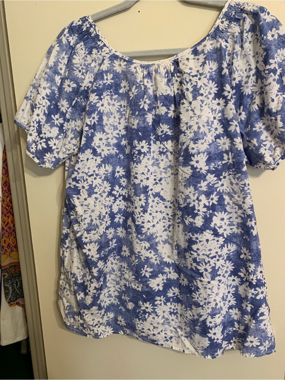 Blue and White Floral Off-the-Shoulder Peasant Blouse